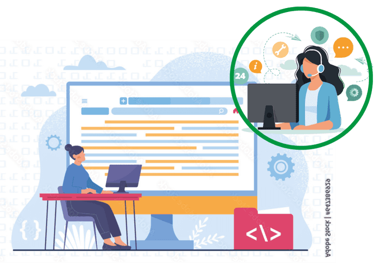 Frau am Computer zeigt Dienstleistungen 4.0 PIN Mail AG