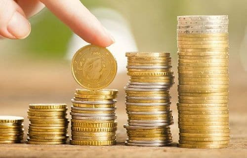 Hand mit Geldmünzen zeigt 100 Euro Prämie 